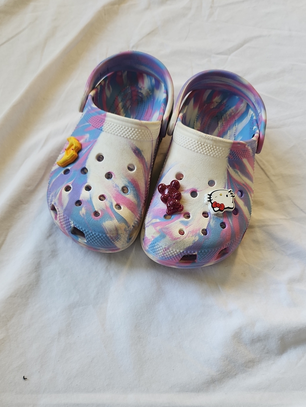 Crocs Size 1  Tie-Dye Shoes Sandals - White Pink Blue